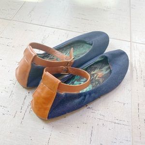 American Eagle Denim Ballet Flats Faux Leather Ankle Straps Shoes 6 1/2
